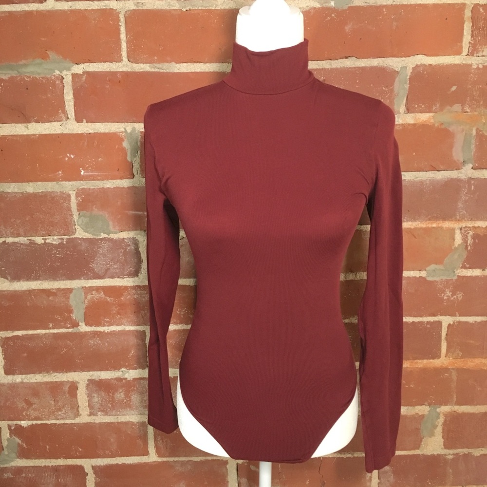 Wolford Bordeaux Red String Bodysuit Mock Neck